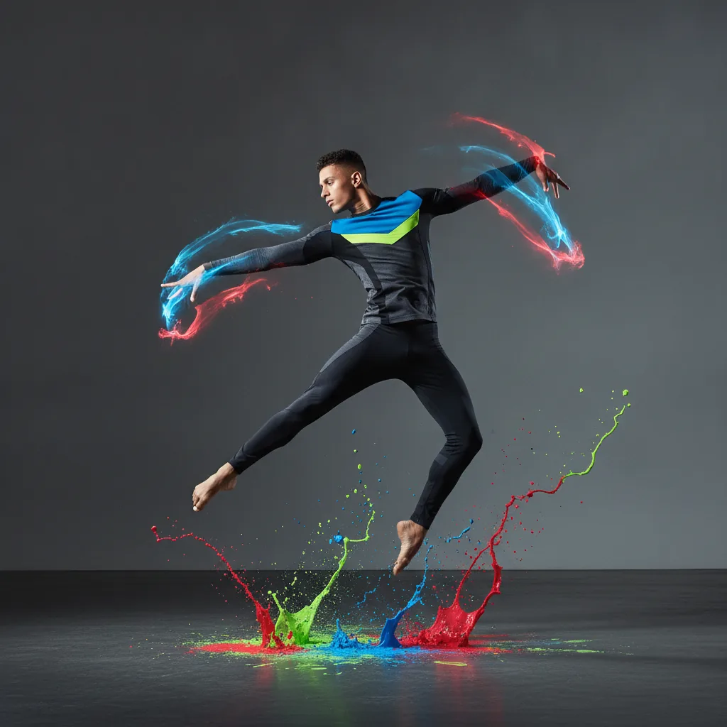 Dynamic performance editorial, bold energetic mood, crisp directional